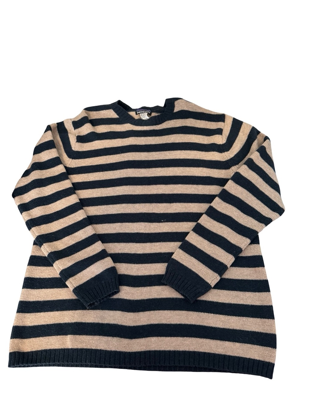 Patagonia Fisherman Navy and Tan Striped Crewneck Sweater HOLE IN ARMPIT